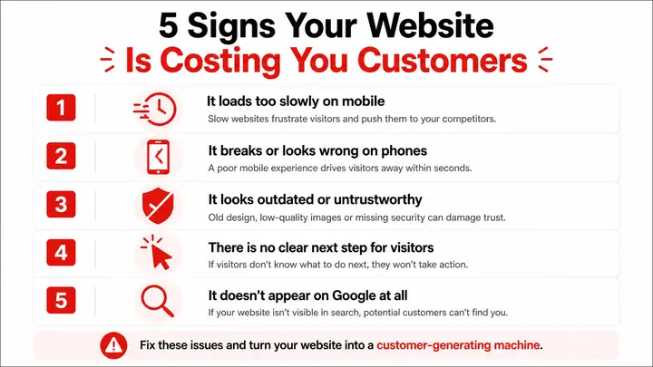 5 signs your website is costing you customers — slow speed, not mobile-friendly, no trust signals, missing CTA, and not ranking on Google