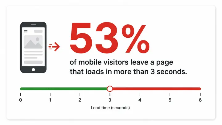 Mobile website load time impact on bounce rate — showing 53 percent of visitors leave if a page takes more than 3 seconds to load on mobile