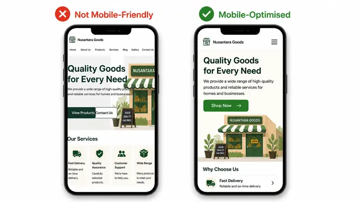 Mobile-unfriendly versus mobile-optimised website comparison — broken overlapping layout on small screen versus clean responsive design