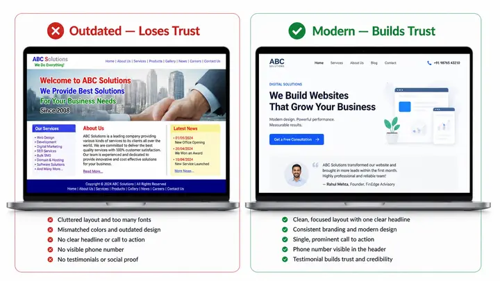 Outdated versus modern small business website design comparison — old cluttered layout versus clean professional design that builds buyer trust
