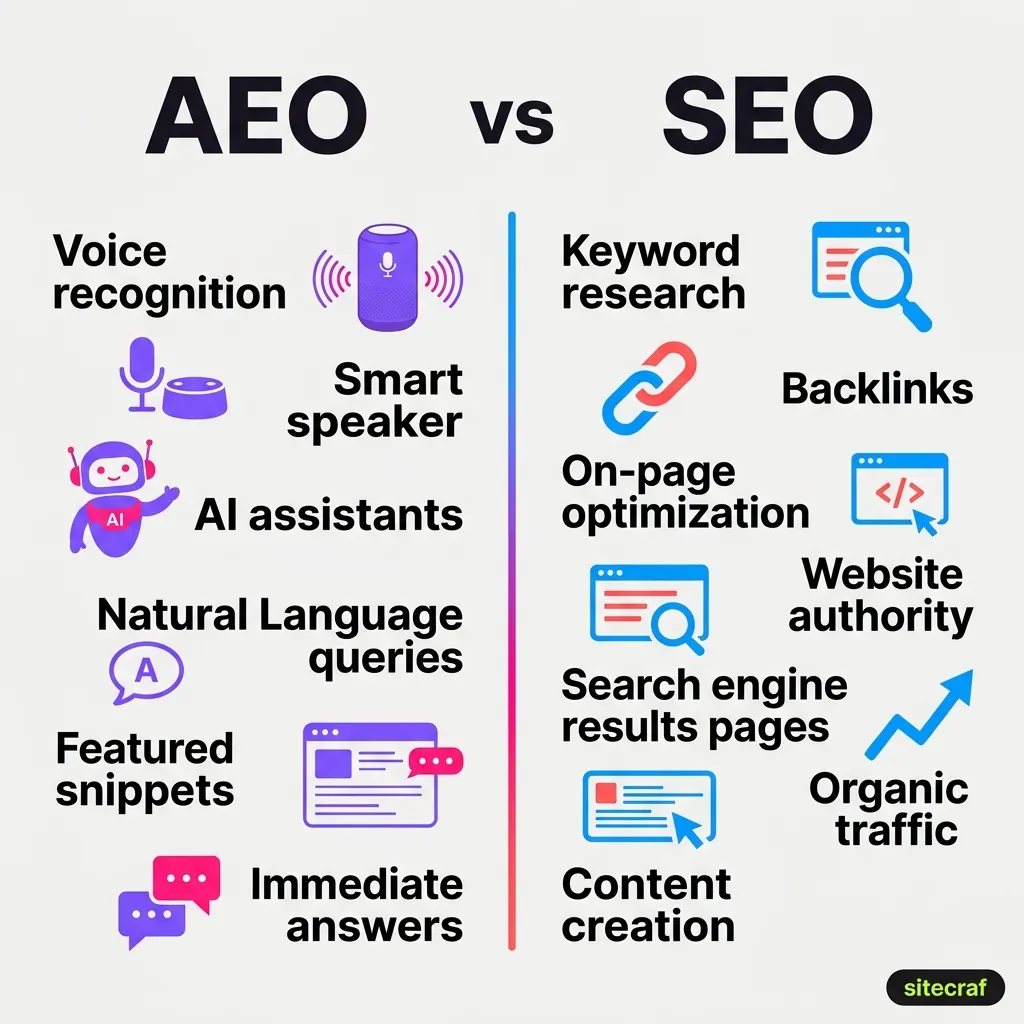 AEO vs SEO side-by-side comparison matrix highlighting differences in strategy, targets, and results