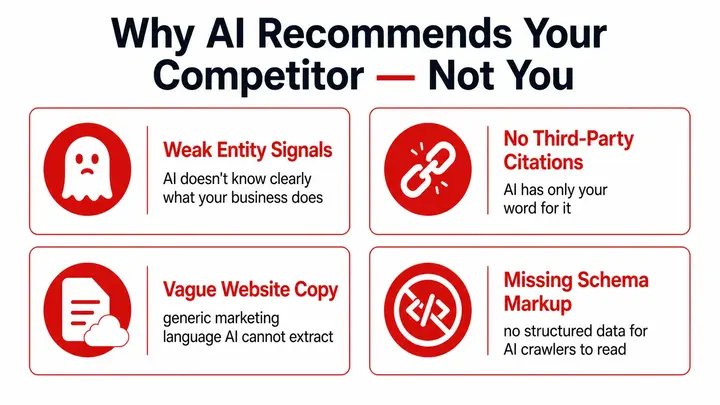 Why ChatGPT recommends your competitor instead of you — weak entity signals, no third-party citations, vague website copy, and missing schema markup