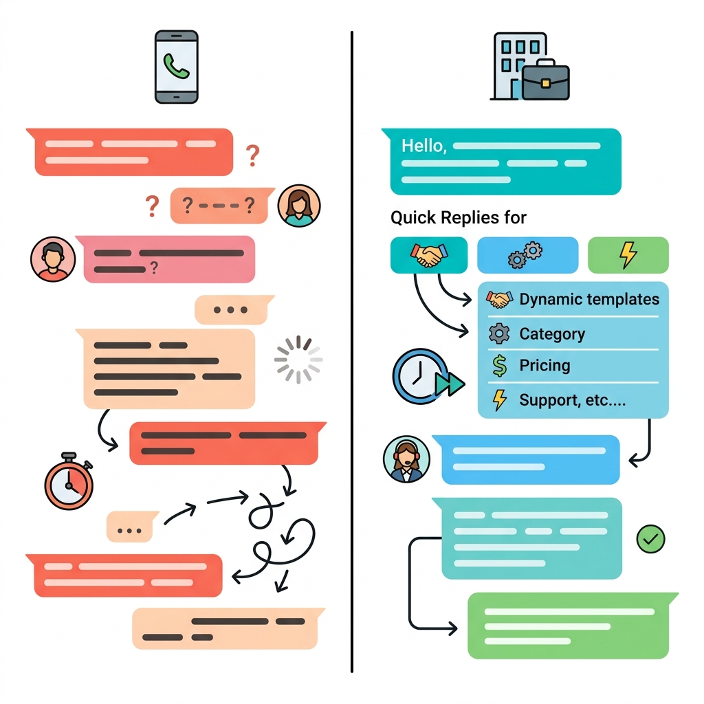 Comparison: A personal WhatsApp chat vs a professional WhatsApp Business chat with automated greeting and quick replies