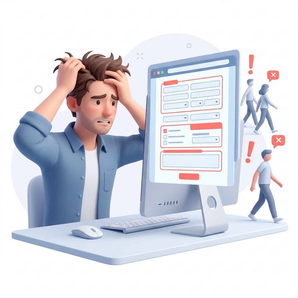 Problem Illustration: A frustrated customer looking at a complex contact form vs a happy customer using a WhatsApp button
