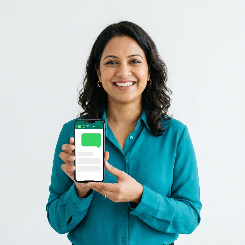 WhatsApp CTA: Friendly small business owner chatting on phone, showing fast response times