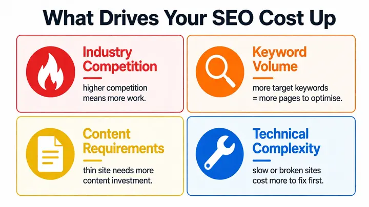 Four factors that affect SEO cost for small businesses — industry competition, number of keywords, content requirements, and technical website complexity