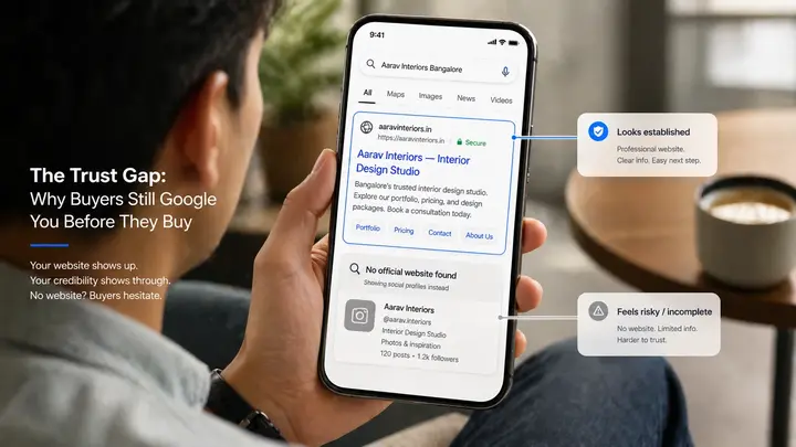 Buyer searching for a business on Google before making a purchase - showing credibility difference between businesses with and without a website