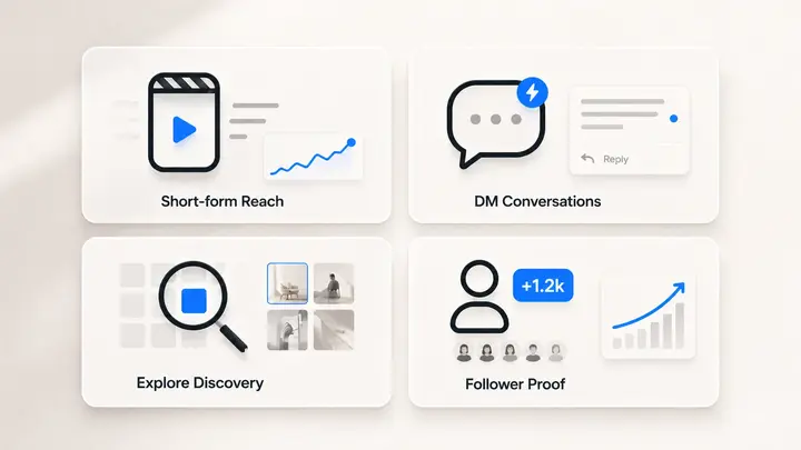Instagram business features - reels discovery, DM engagement, explore page reach, and social proof for small businesses