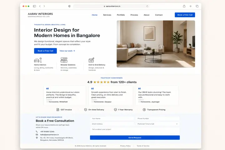 Example of a one-page small business website showing services, social proof, and contact form - built for India and Malaysia markets