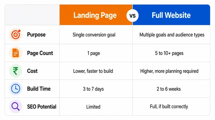 Landing page versus full website comparison table — purpose, page count, cost, build time, and SEO capability for small business decision making