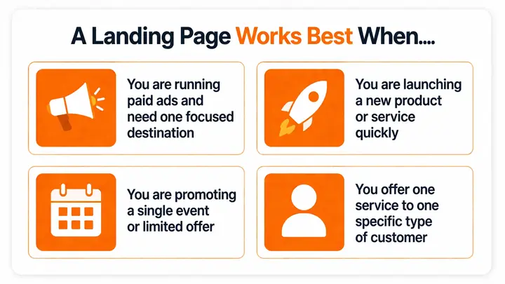 When a landing page is the right choice — ad campaign traffic, product launch, event registration, and single-service businesses