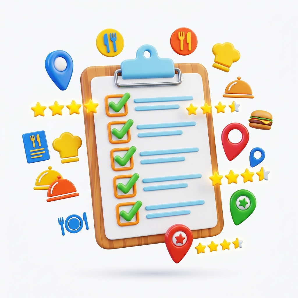 Checklist Infographic: 5-step local SEO checklist showing claiming profile, adding photos, menu, reviews, and citations