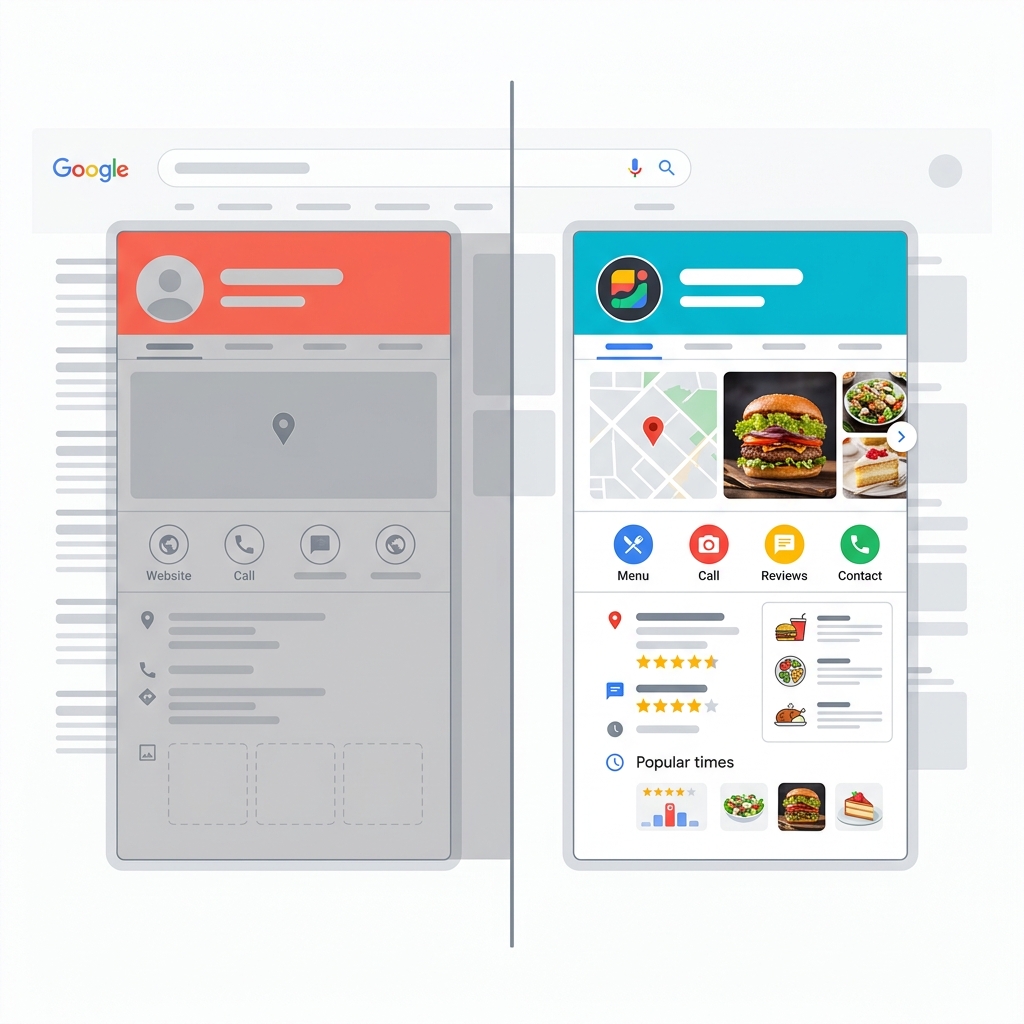 Comparison: A badly lit, empty Google profile vs a highly optimized profile with bright food photos and a clear menu