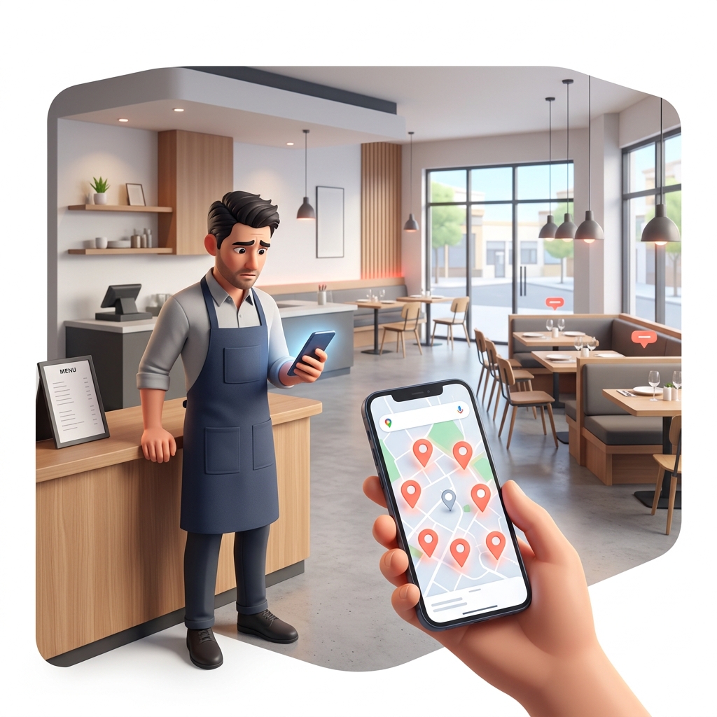 Problem Illustration: An empty restaurant while the owner looks worriedly at a phone showing competitors on Google Maps