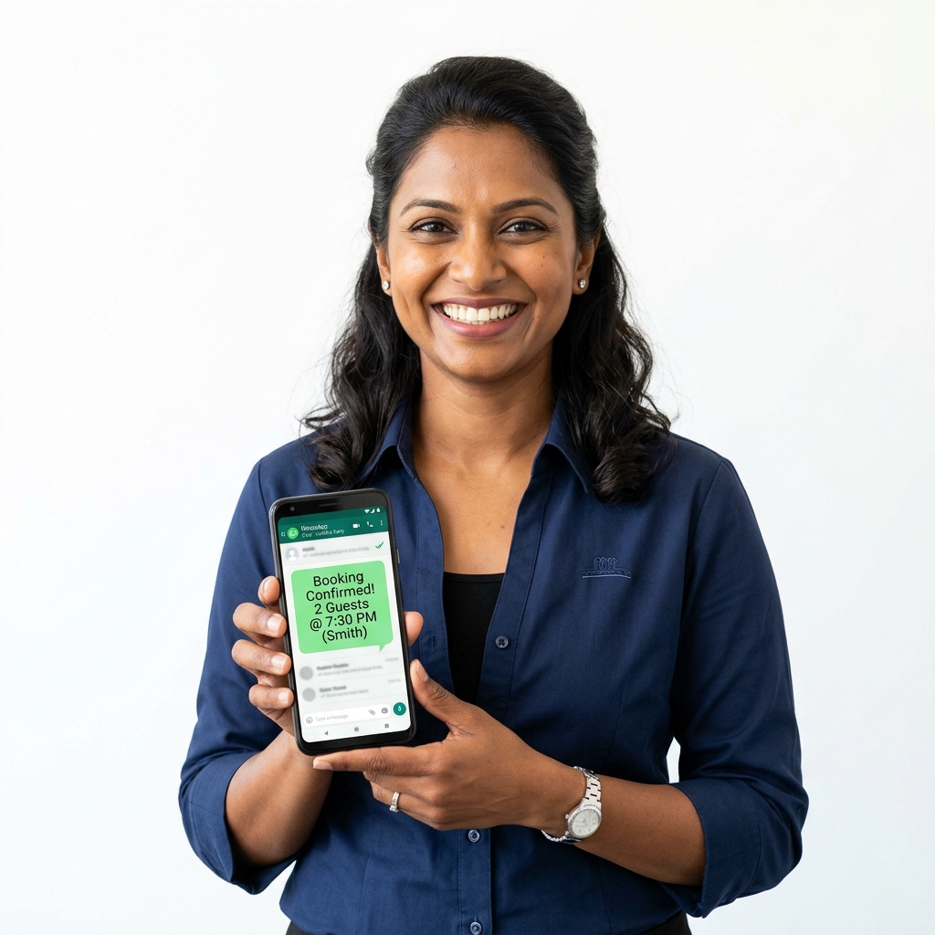WhatsApp CTA: A restaurant manager happily chatting with a customer on WhatsApp, securing a table booking