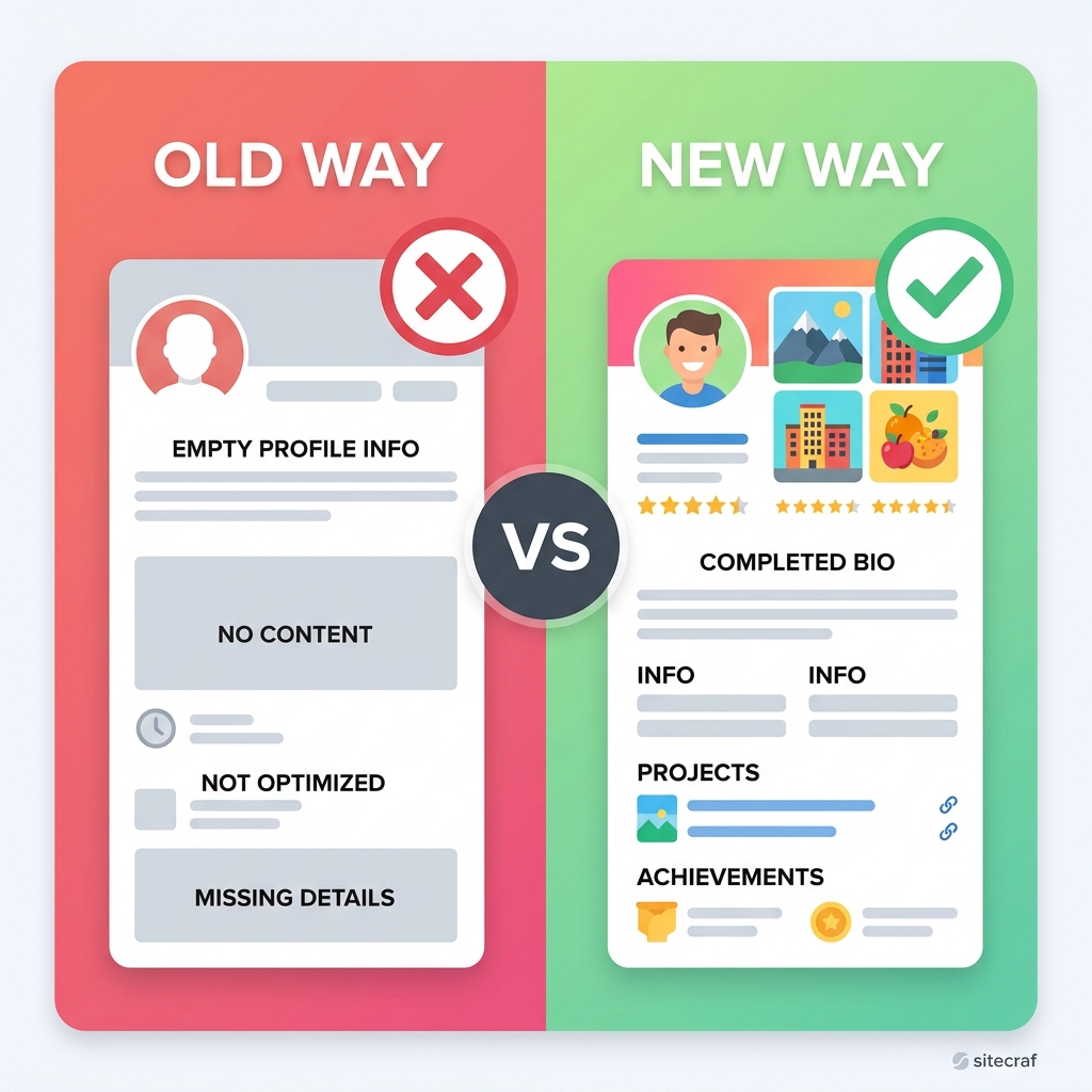 Comparison: Unoptimized empty Google profile vs a fully optimized profile with photos, reviews, and accurate details