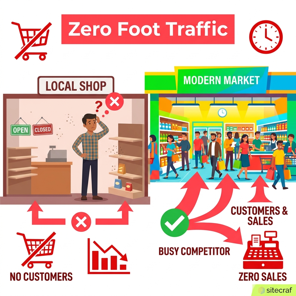 Problem Illustration: Business owner looking confused at zero foot traffic while competitor gets all the customers