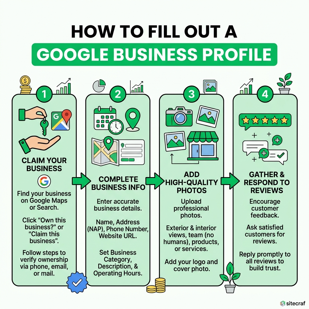 Solution Diagram: Step-by-step flow showing how to correctly fill out basic Google Business Profile info