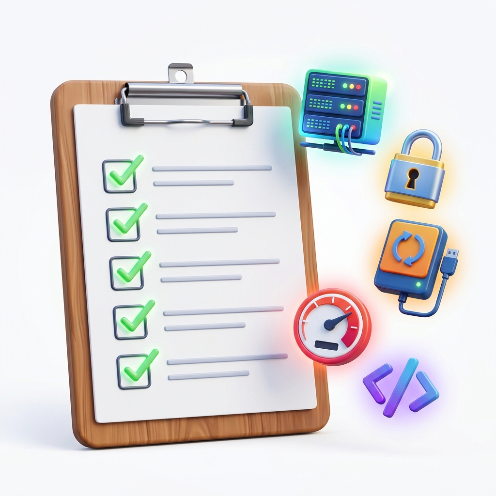 Checklist Infographic: A visual checklist of 5 essential monthly website maintenance tasks: backups, updates, security, speed, links