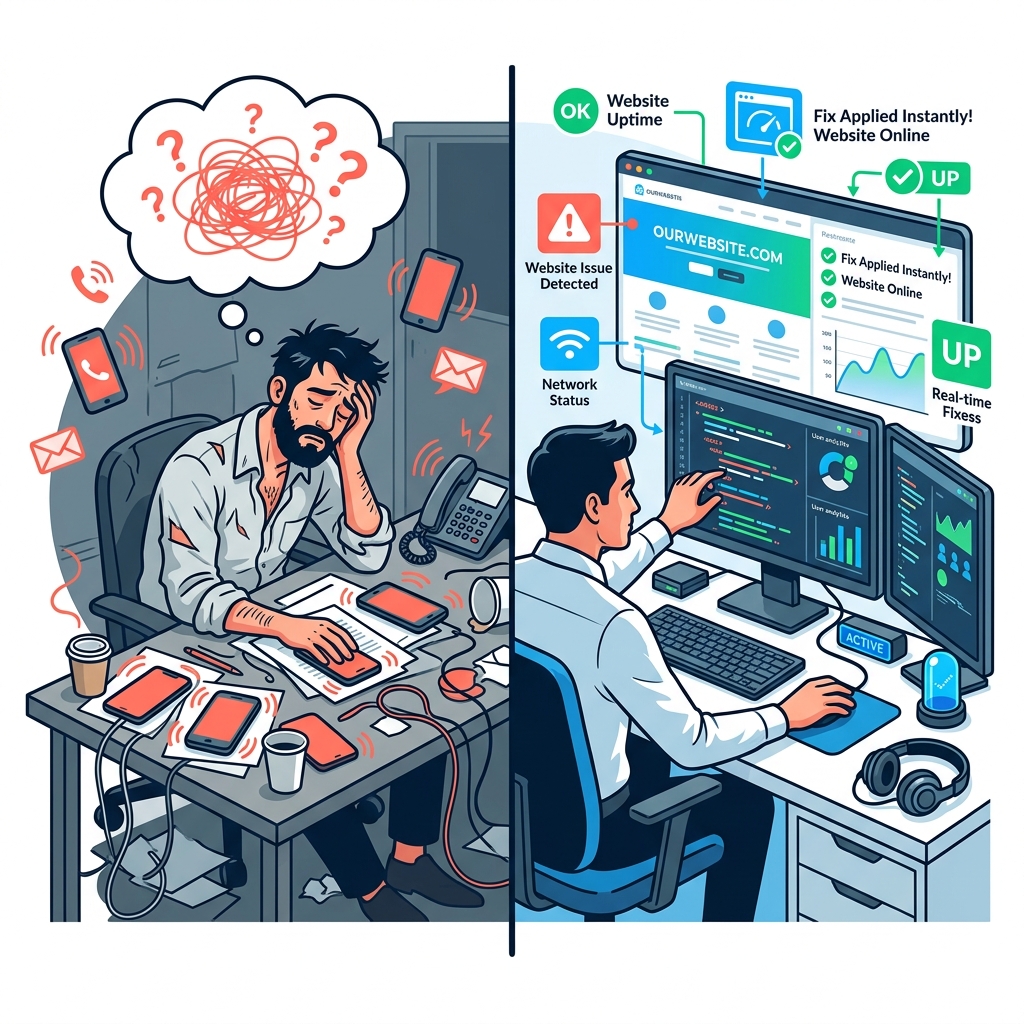 Comparison: A cheap unreliable freelancer ignoring calls vs a professional agency fixing a website instantly via a dashboard