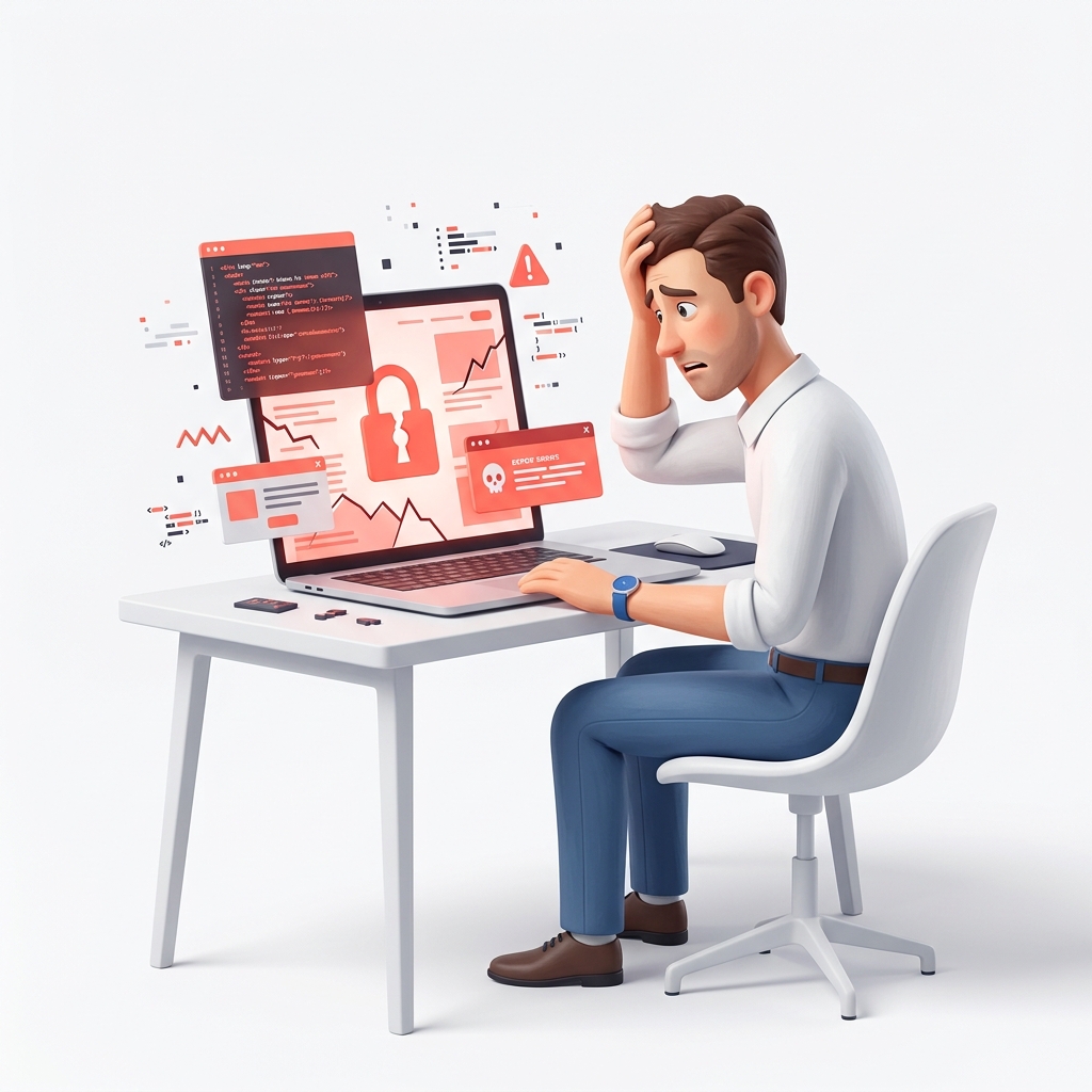 Problem Illustration: A broken, hacked website screen causing a business owner extreme stress vs a smooth running website