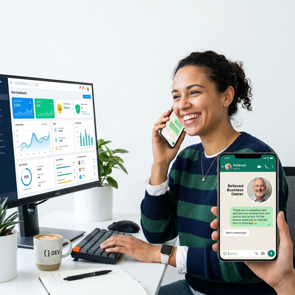 WhatsApp CTA: A friendly web developer managing a secure dashboard, chatting via WhatsApp with a relieved business owner
