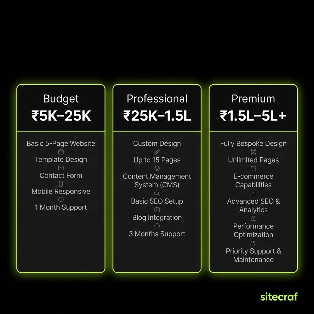 Website cost tiers for small businesses in India — budget, professional, and premium pricing breakdown with features comparison