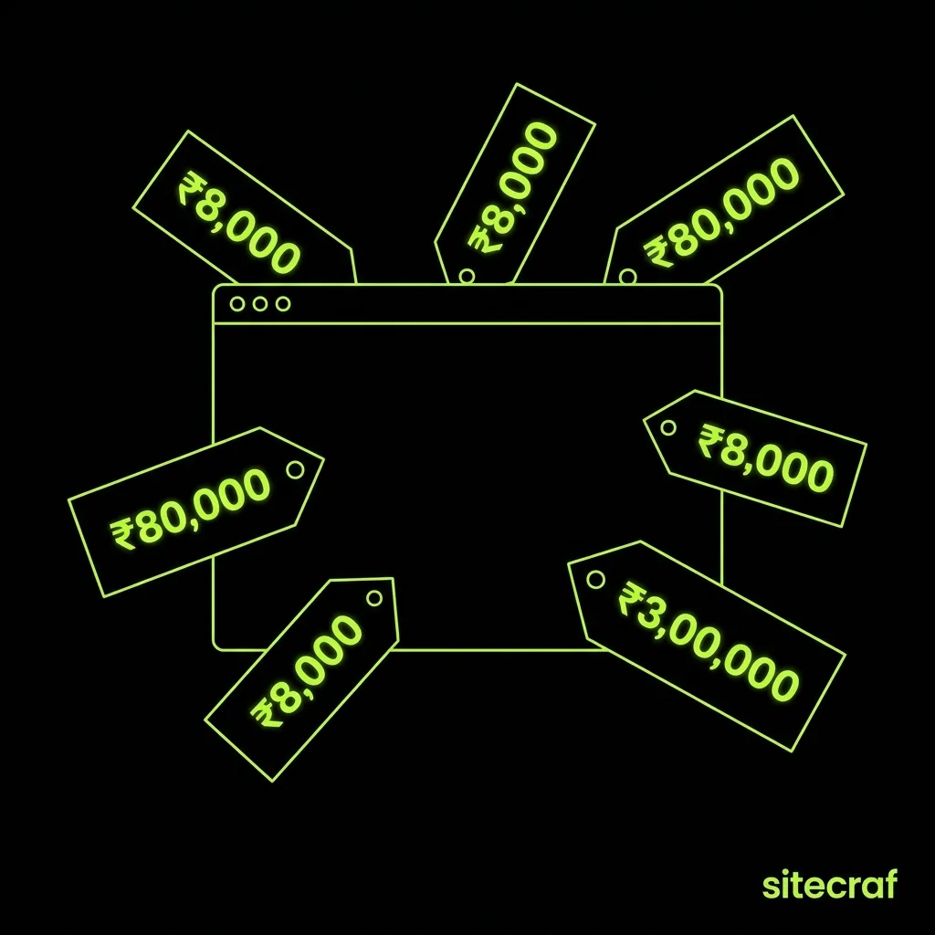 Confused small business owner looking at different website quotes and price tags in India