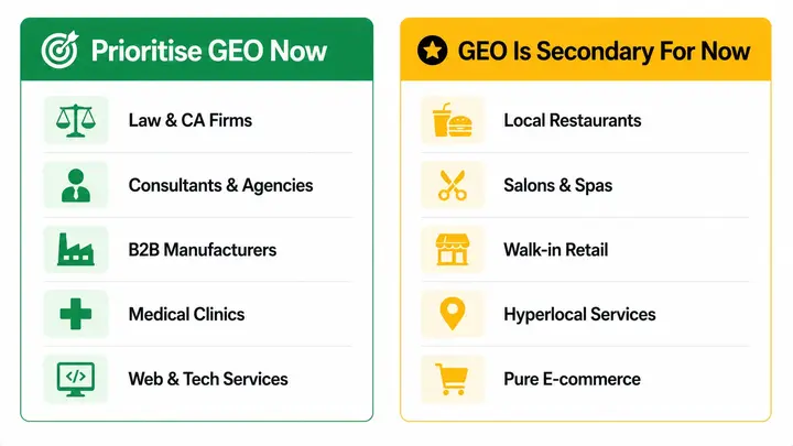 GEO priority guide for Indian businesses — professional services and B2B should prioritise now, e-commerce and local services can treat as secondary