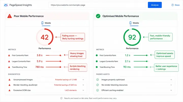 Google PageSpeed Insights mobile score comparison - low score on left versus optimised passing score for a small business website