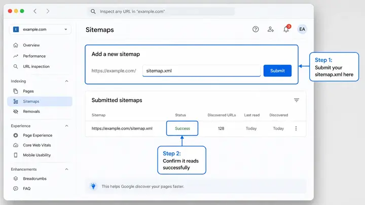 Google Search Console sitemap submission screen for a new small business website - step to get indexed on Google