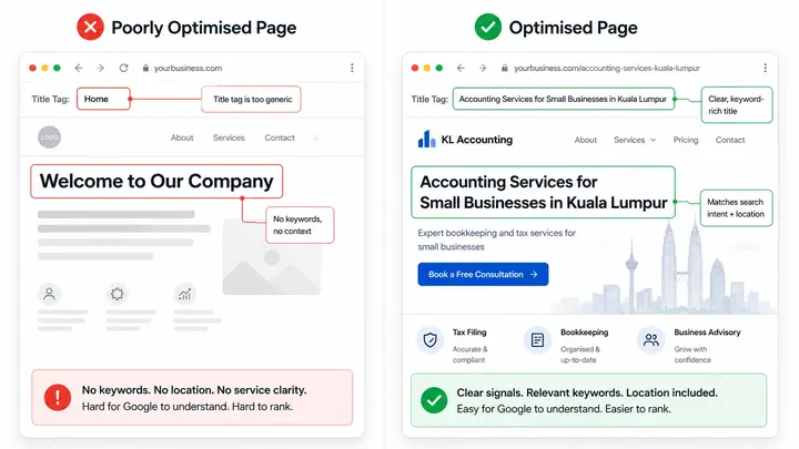 SEO page title comparison - bad example showing 'Home' versus optimised title with location and service keyword for small business website