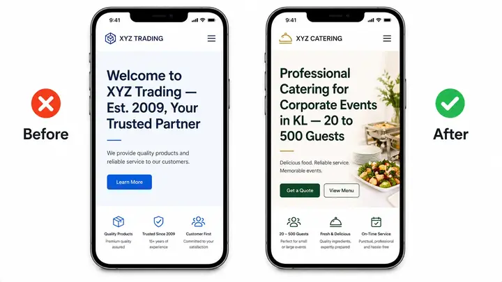 Website headline before and after rewrite — company-focused welcome message versus customer problem-focused headline for small business
