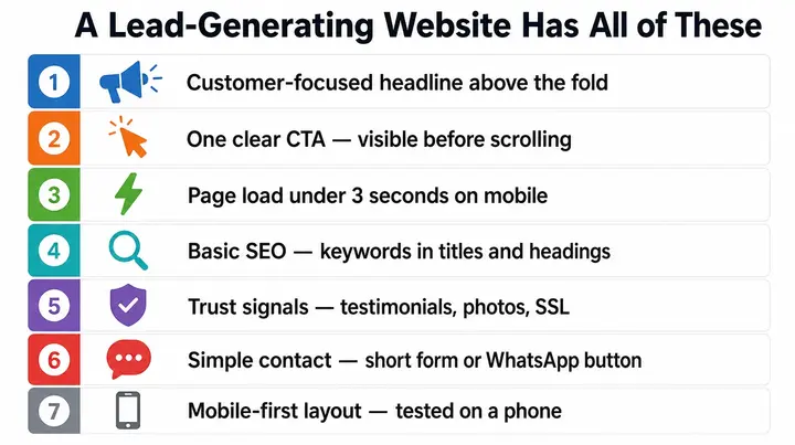 Lead generating website checklist for small businesses — headline, CTA, page speed, SEO, trust signals, simple contact form, and mobile layout