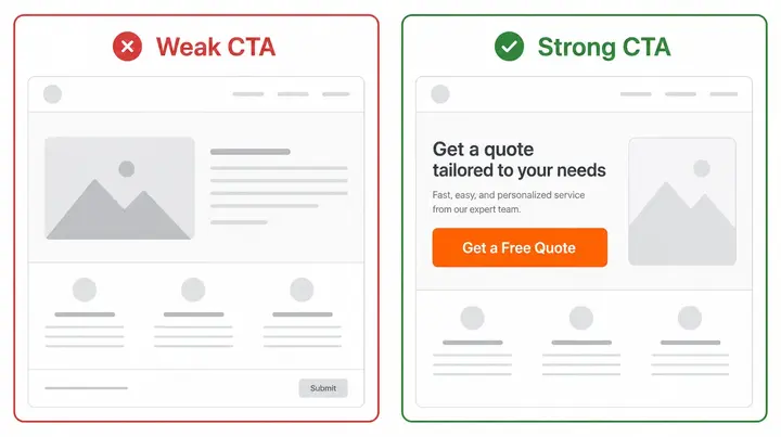 Website CTA button comparison — weak generic submit button versus strong specific call to action like Get a Free Quote above the fold