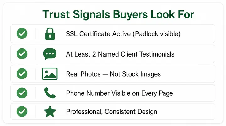 Small business website trust signals checklist — SSL certificate, client testimonials, real photos, visible phone number, and professional design