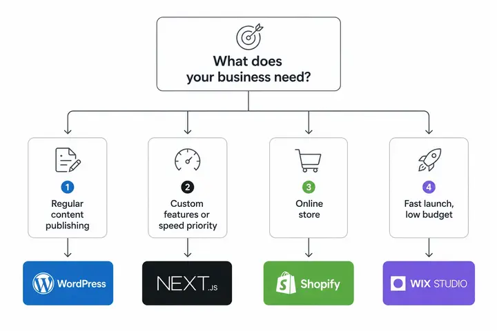 Website platform decision flowchart for Indian businesses — choosing between WordPress, Next.js, Shopify, and Wix Studio based on business needs